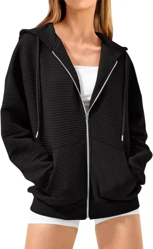 Womens Zip Up Hoodie Oversized Sweatshirt Waffle Knit Clothes Fall Fashion Long Sleeve Jacket With Pockets