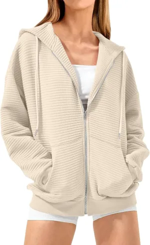 Womens Zip Up Hoodie Oversized Sweatshirt Waffle Knit Clothes Fall Fashion Long Sleeve Jacket With Pockets