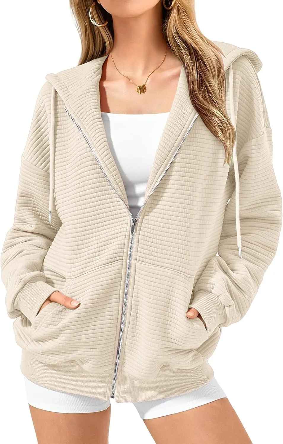 Womens Zip Up Hoodie Oversized Sweatshirt Waffle Knit Clothes Fall Fashion Long Sleeve Jacket With Pockets