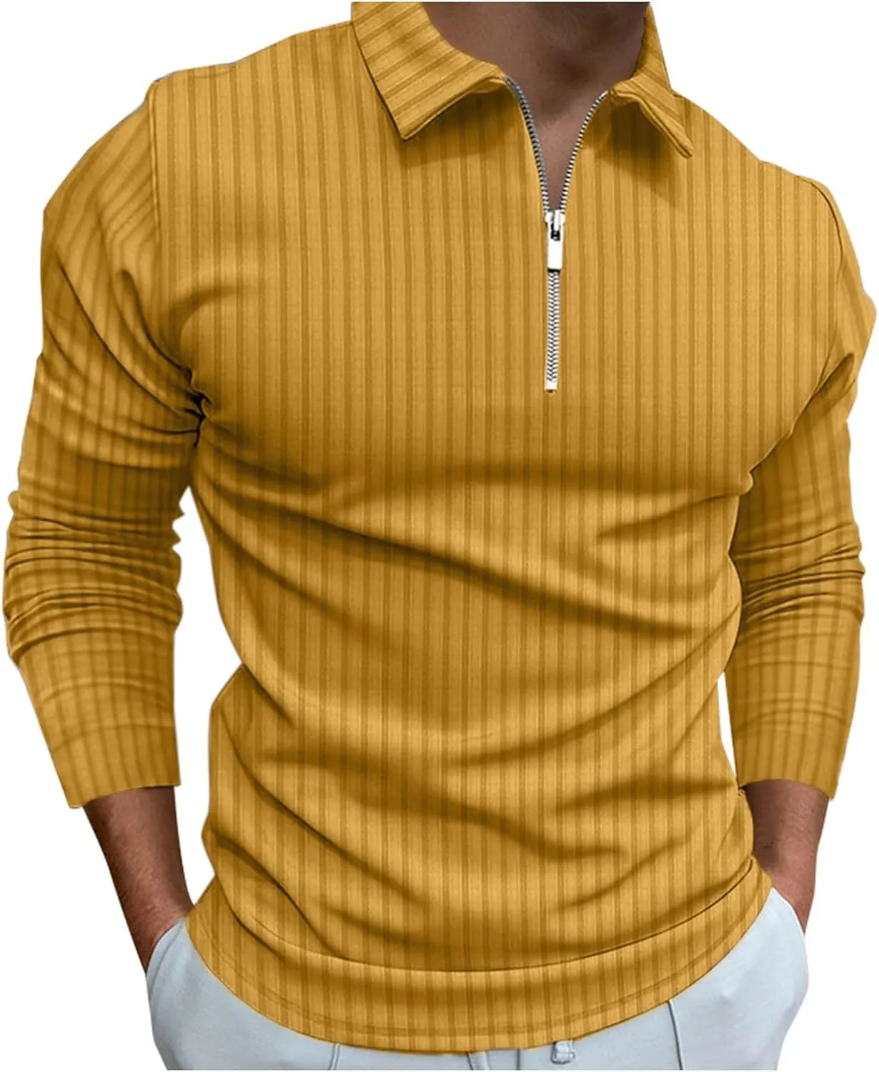 XUETON Mens Long Sleeve Polo Shirts Striped Printed Zip Up Casual Slim Fit Golf Tennis Shirts Summer Beach Hippie Tops