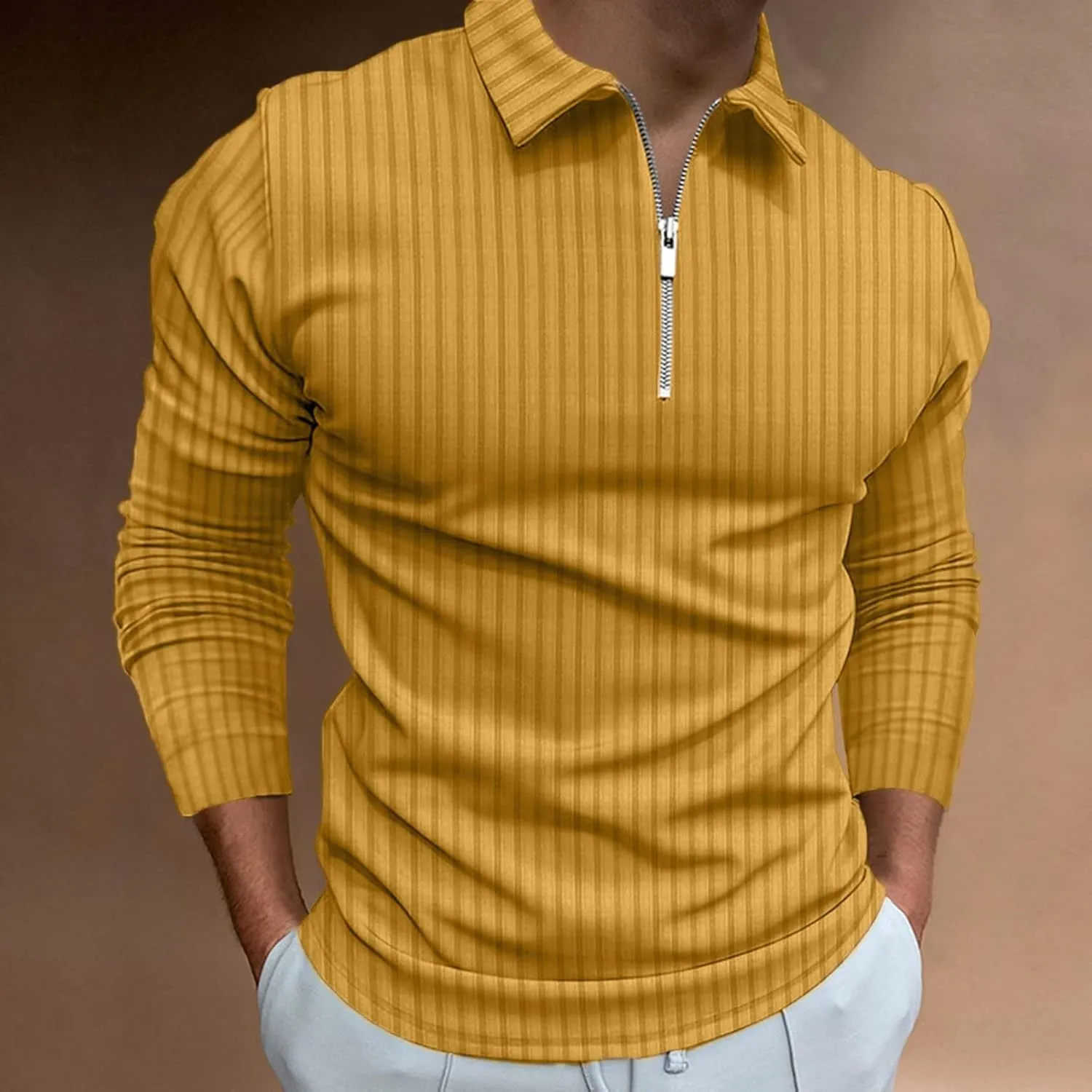 XUETON Mens Long Sleeve Polo Shirts Striped Printed Zip Up Casual Slim Fit Golf Tennis Shirts Summer Beach Hippie Tops