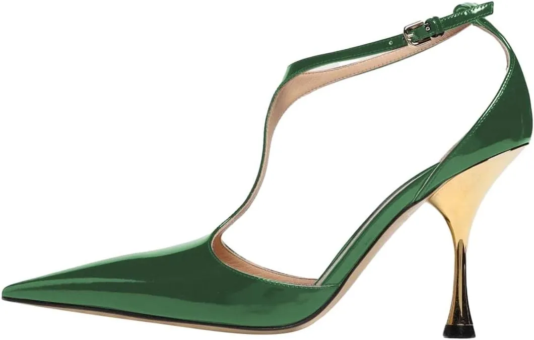 XYD Women Chic Pointed Closed Toe Pumps Metallic High Heel Slender T-Strap with Buckle Dress Party Casual Shoes