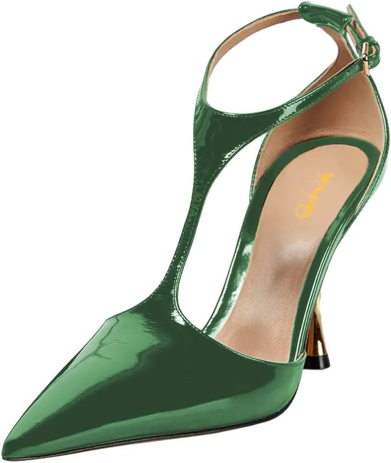 XYD Women Chic Pointed Closed Toe Pumps Metallic High Heel Slender T-Strap with Buckle Dress Party Casual Shoes
