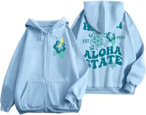 Zipper Hoodies for Women Hawaii Aloha State Letter Graphic Long Sleeve Zip Up Y2K Hooded Pullover Tops Hoodies for Teen Girls