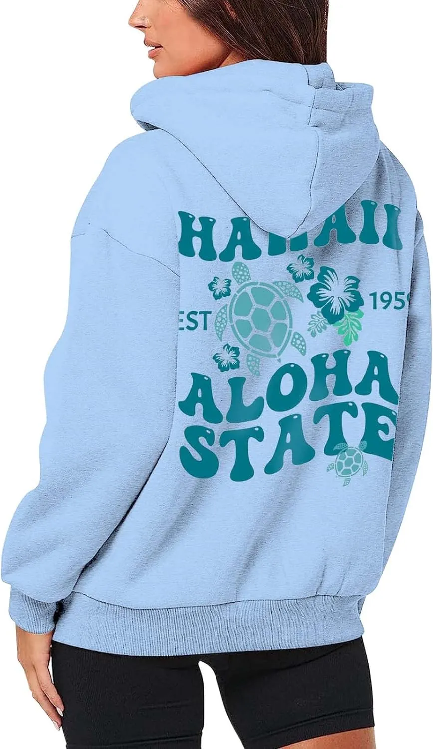 Zipper Hoodies for Women Hawaii Aloha State Letter Graphic Long Sleeve Zip Up Y2K Hooded Pullover Tops Hoodies for Teen Girls