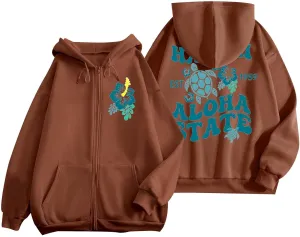 Zipper Hoodies for Women Hawaii Aloha State Letter Graphic Long Sleeve Zip Up Y2K Hooded Pullover Tops Hoodies for Teen Girls