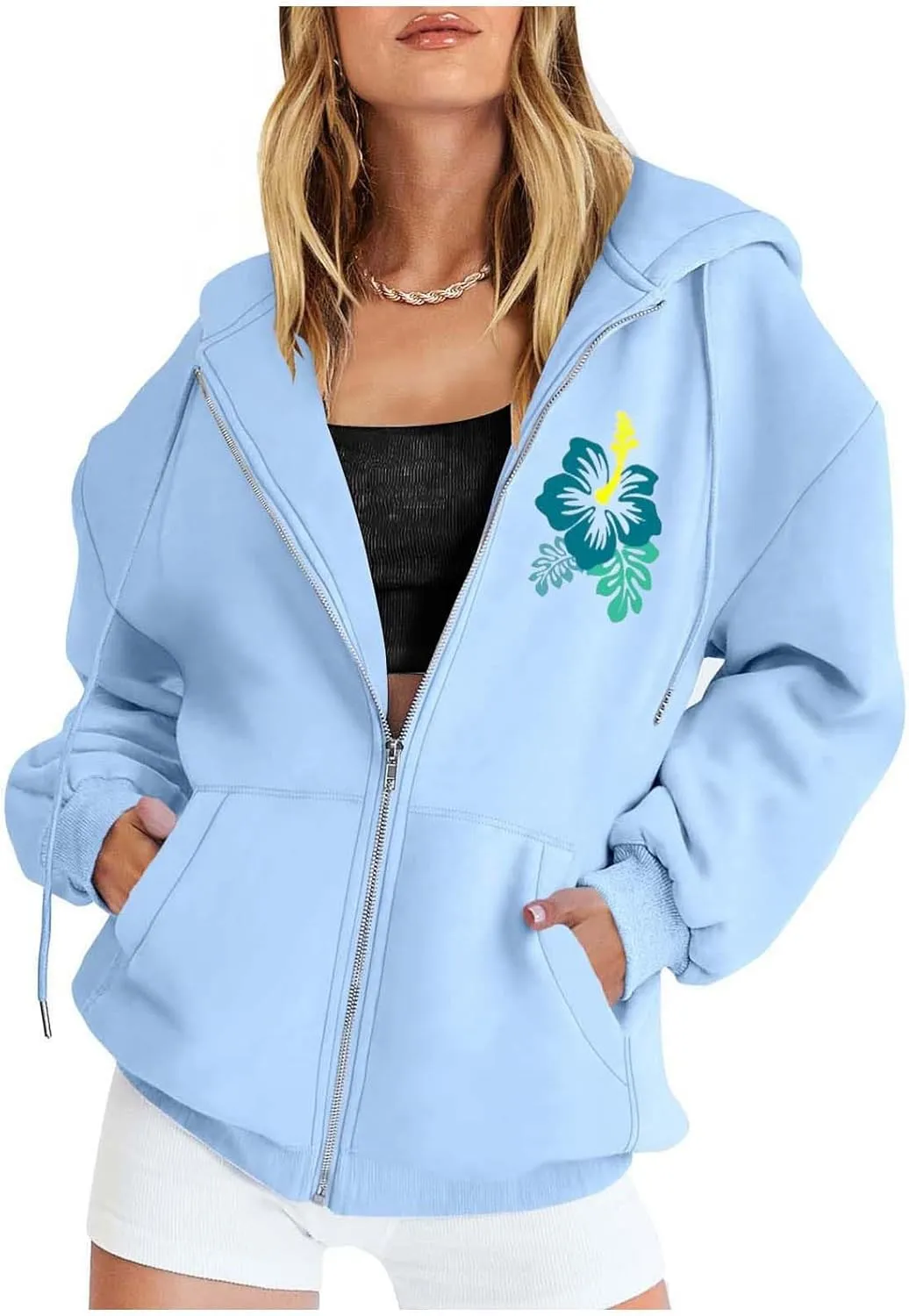 Zipper Hoodies for Women Hawaii Aloha State Letter Graphic Long Sleeve Zip Up Y2K Hooded Pullover Tops Hoodies for Teen Girls