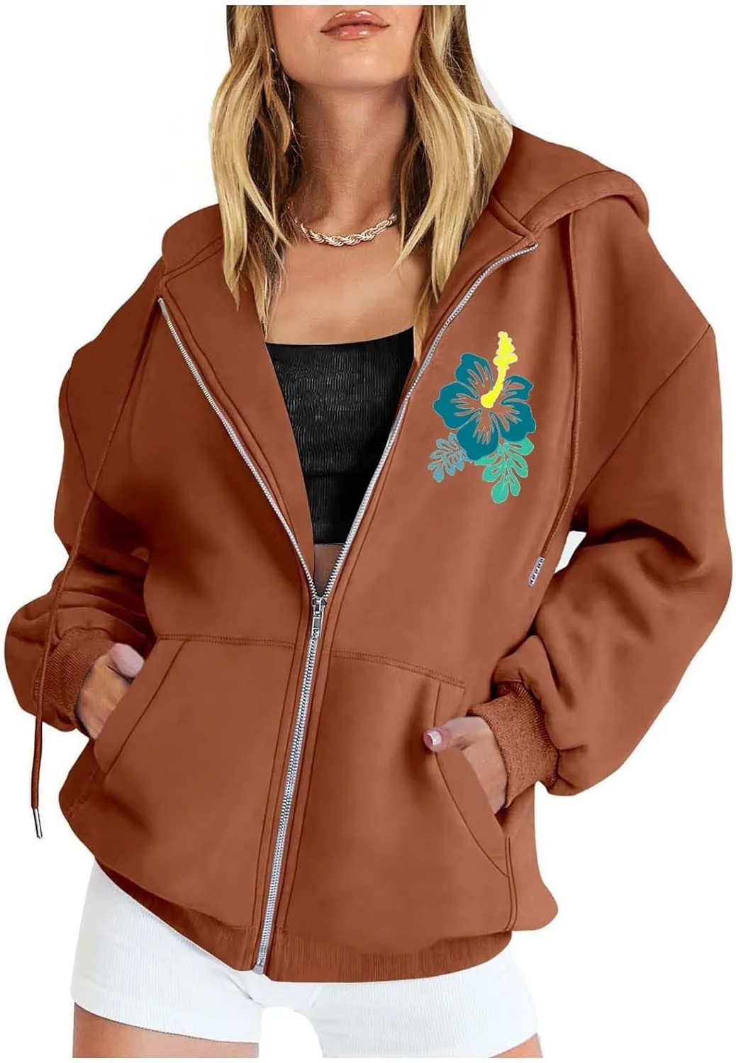 Zipper Hoodies for Women Hawaii Aloha State Letter Graphic Long Sleeve Zip Up Y2K Hooded Pullover Tops Hoodies for Teen Girls