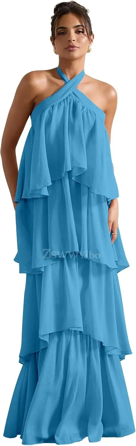 ZSWWYibo Halter Tiered Prom Dresses for Teens Sweetheart Chiffon Cake Dresses Party Dress
