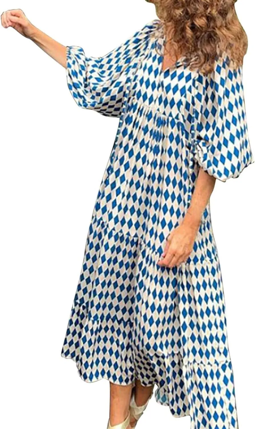 ZWRXW Plus Size Boho Maxi Dress for Women Loose Bohemian Floral Dress Half Sleeve Flowy A Line Long Dress Beach Swing Dress