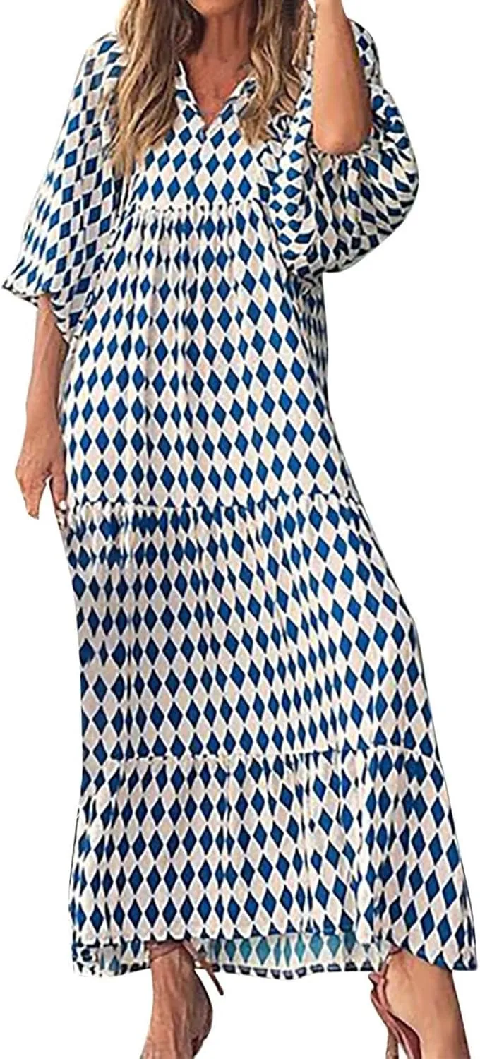 ZWRXW Plus Size Boho Maxi Dress for Women Loose Bohemian Floral Dress Half Sleeve Flowy A Line Long Dress Beach Swing Dress